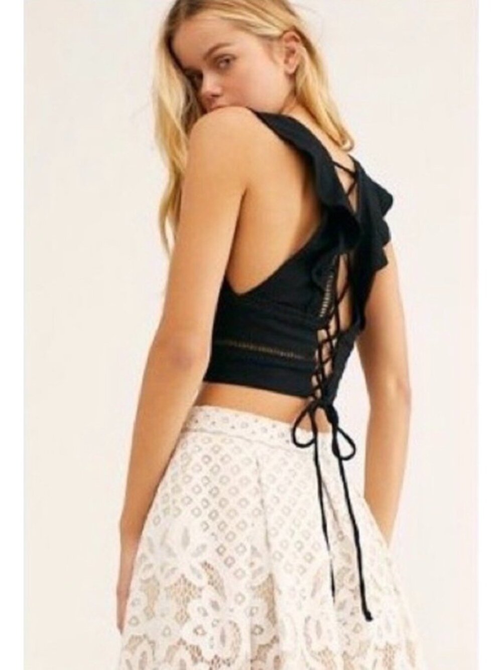 Free People Womens Crop Top Size Medium Black Fairy Festival Tank Strappy Boho